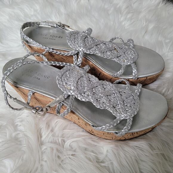 Kate Spade New York Women’s 8.5 Wedge Sandals Silver Braided Cork Heel - Picture 1 of 11
